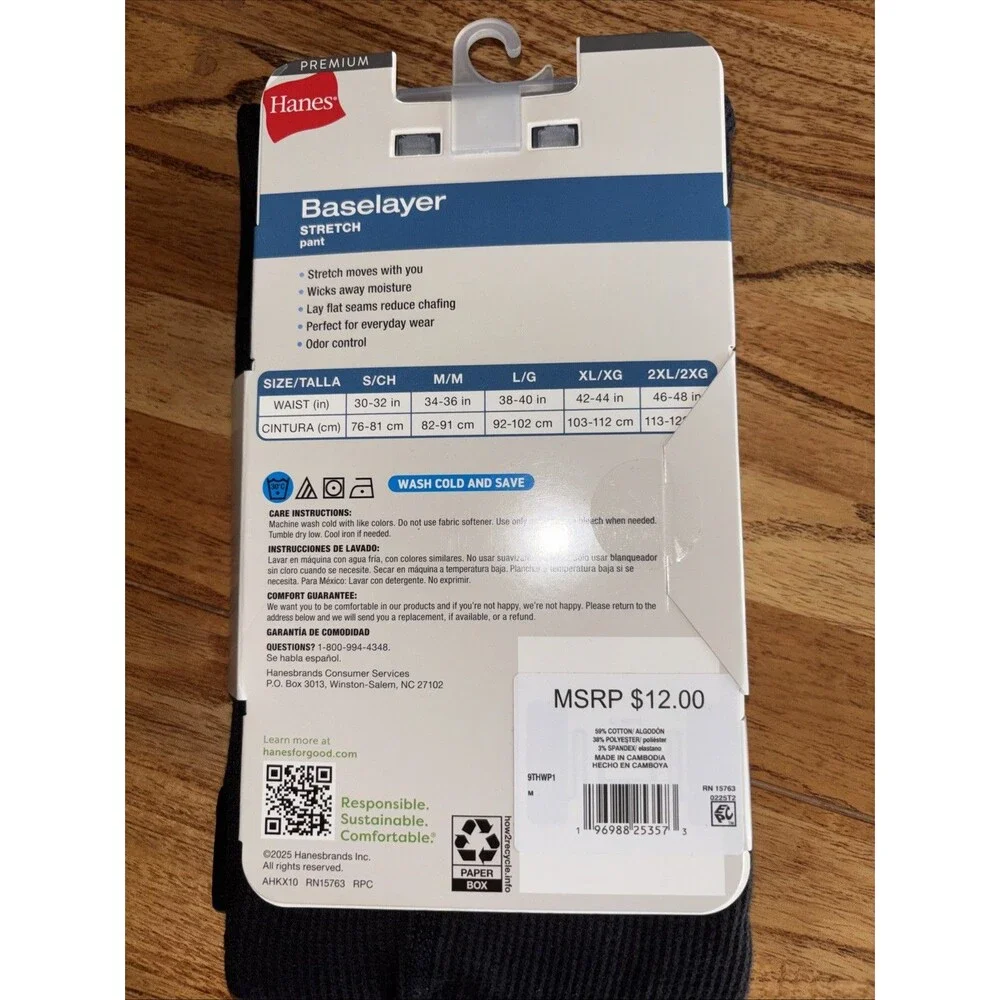 Hanes Premium Men's Thermal Waffle Stretch Pants Black  Medium
